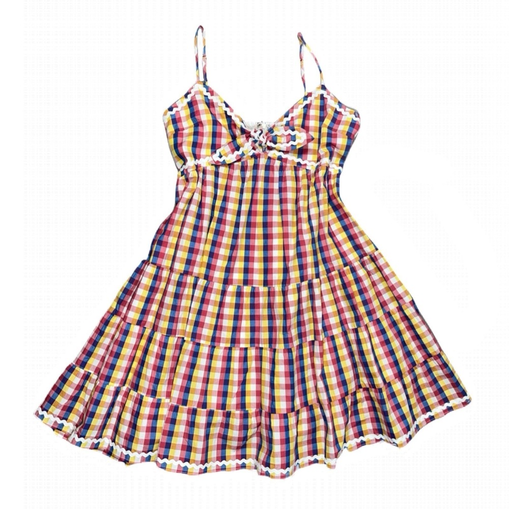 English Factory Puff Sleeve Mini Dress Womens M Medium Gingham Plaid Colorful - Picture 3 of 12